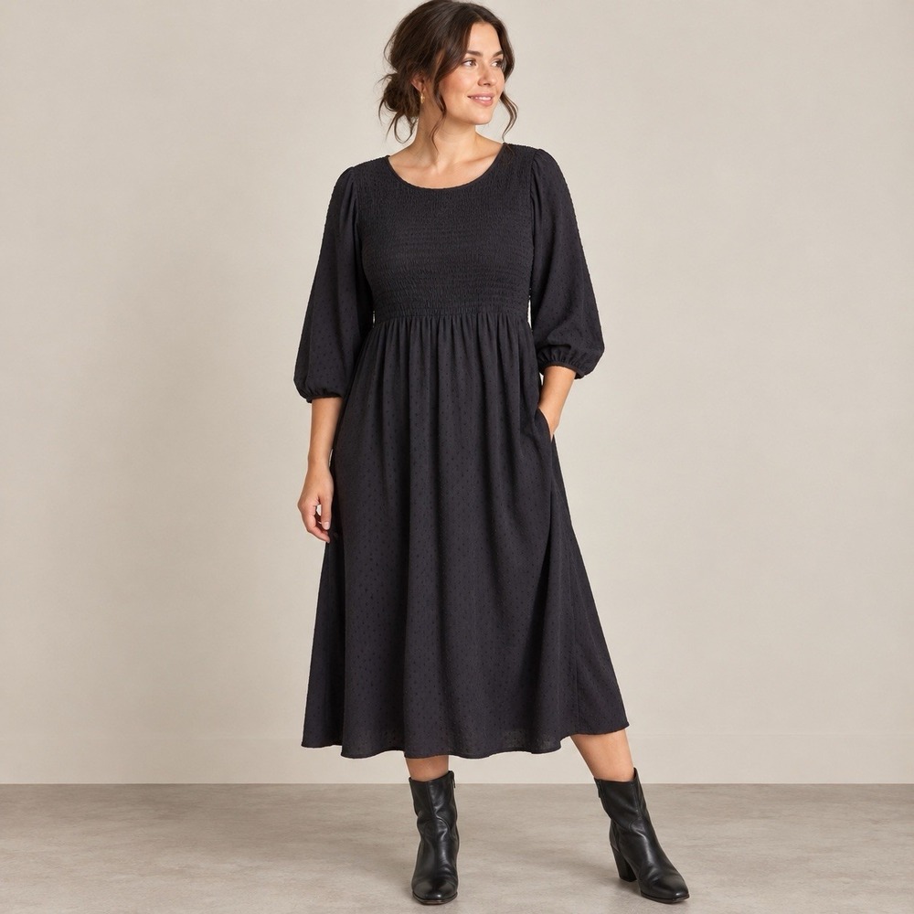 Black 3/4 Sleeve Midi Dress Womens XL Peasant Flowy Minimalist Capsule LBD
